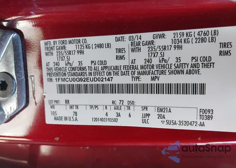 2014 Ford Escape Se from USA, damaged, VIN 1FMCU0G92EUD02147